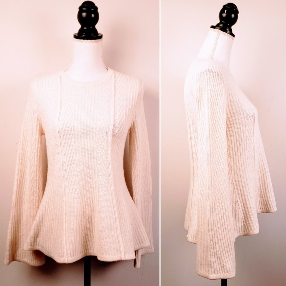 ANN TAYLOR Sweater, White Wool Bell Sleeve Knit Career Soft, S